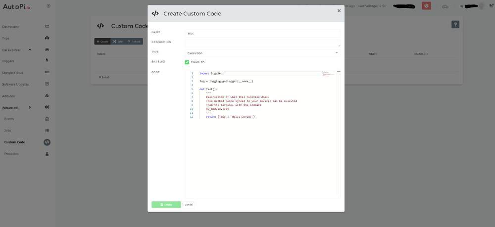 A screenshot of AutoPi core showing the custom python code